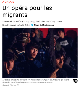Article de Paris-Match, concert dans le camp de migrants de Calais décembre 2015